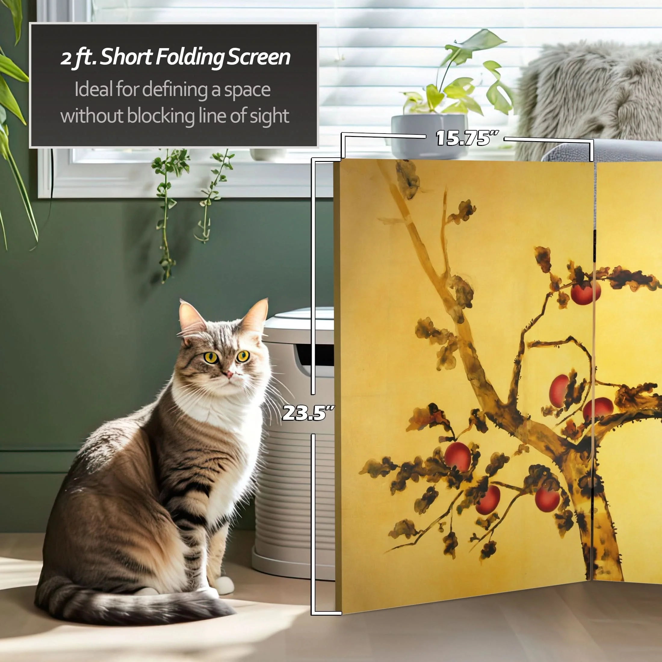 2 ft. Short Double Sided Plum Tree Canvas Folding Screen - Image 5